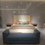 Diamond-Quilted Leather Bed with Natural Burl Wood Accents & Soft Upholstered Frame